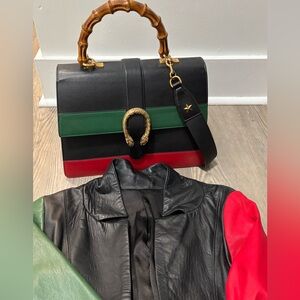 Custom Leather Blazer/Black with Green & Red Sleeves (Gucci bag-not for sale)